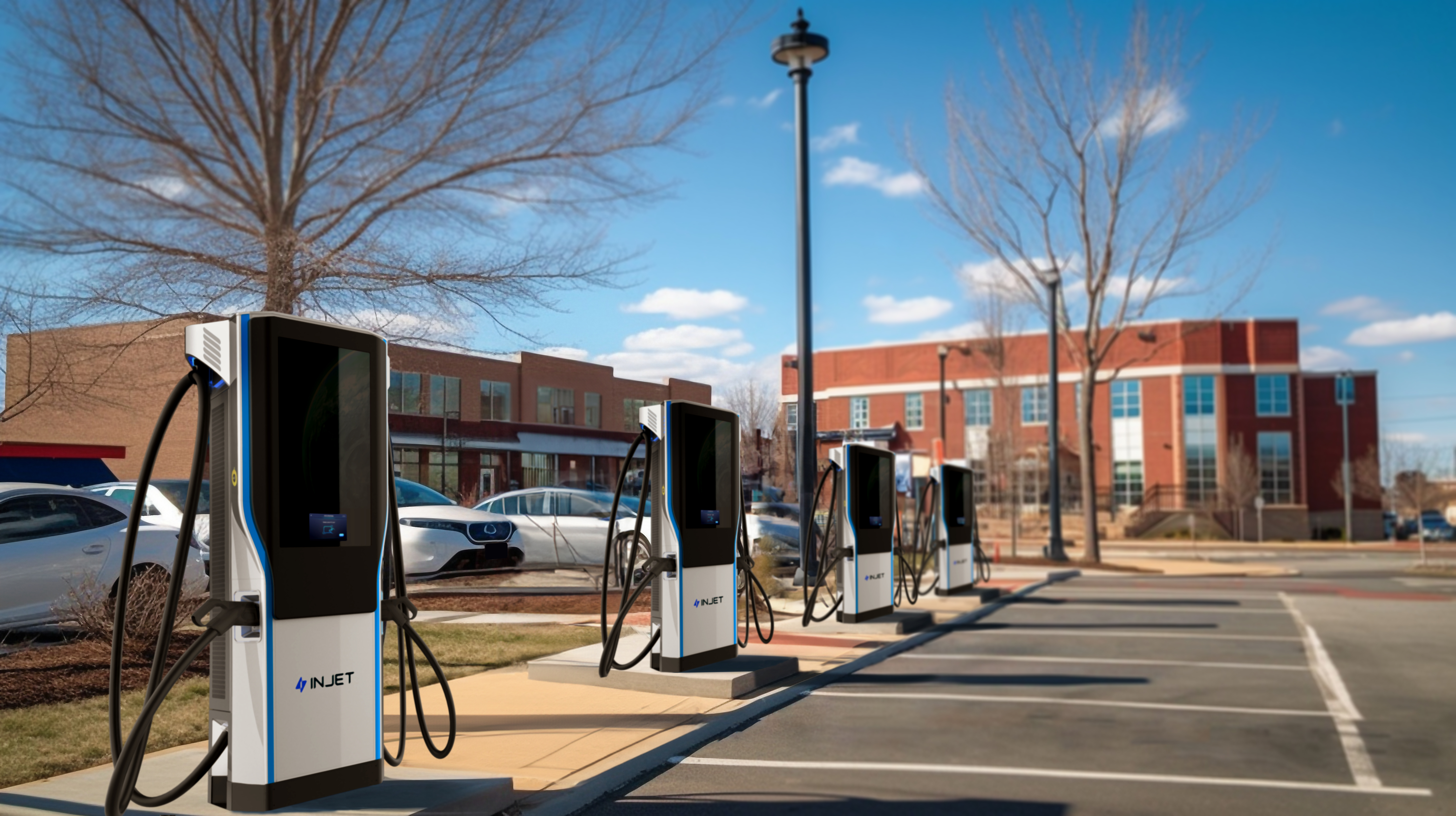 Contra um fundo escuro, uma estação de carregamento de carros elétricos.Geral